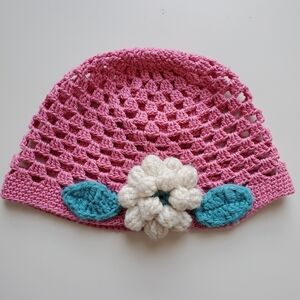 Kid's Pink Crochet Beanie with White Flower